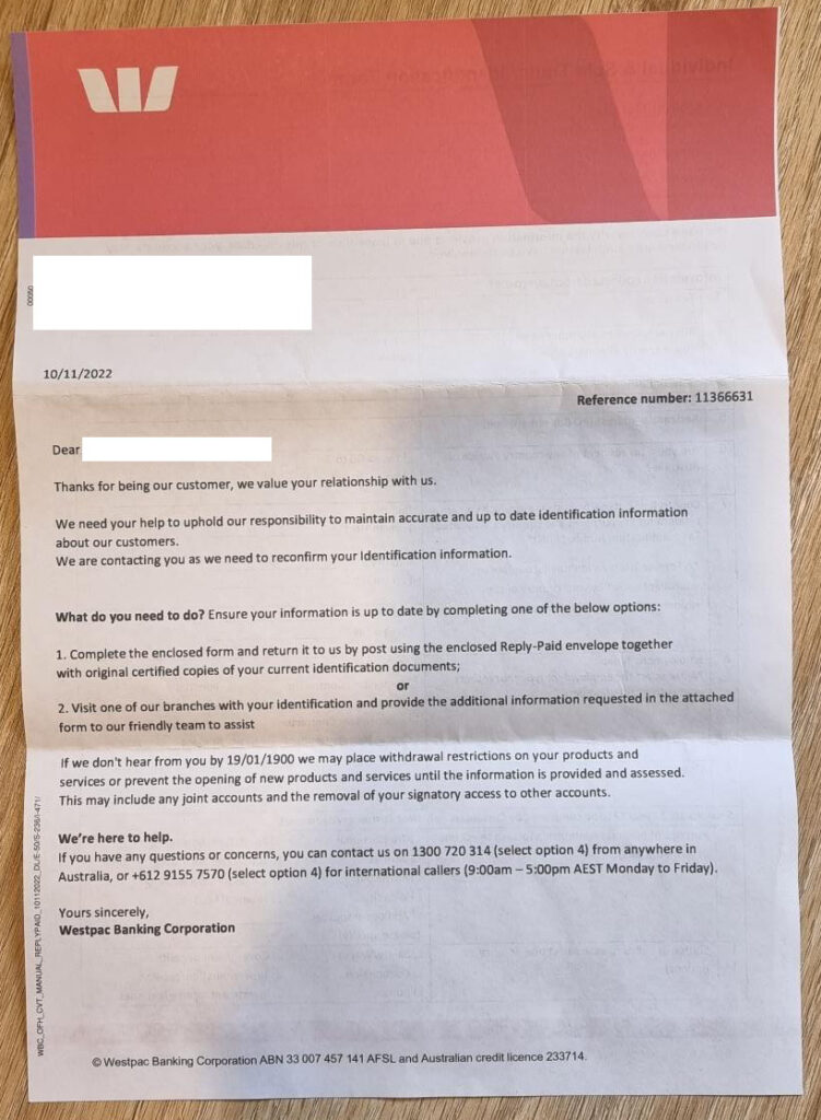 Westpac scam letter cover page